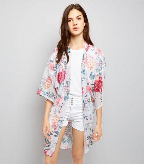QED Light Grey Floral Print 3/4 Sleeve Kimono | New Look