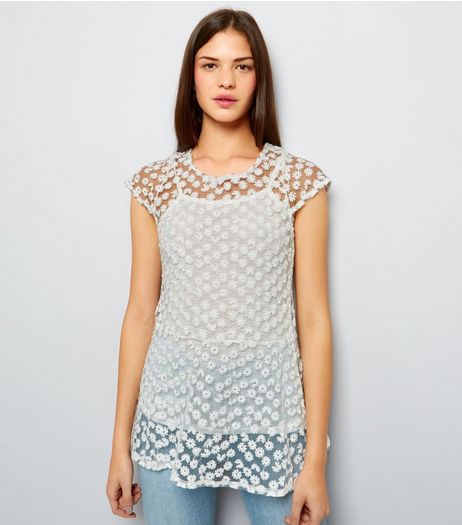 Blue Vanilla Cream Daisy Lace Peplum Hem Top | New Look