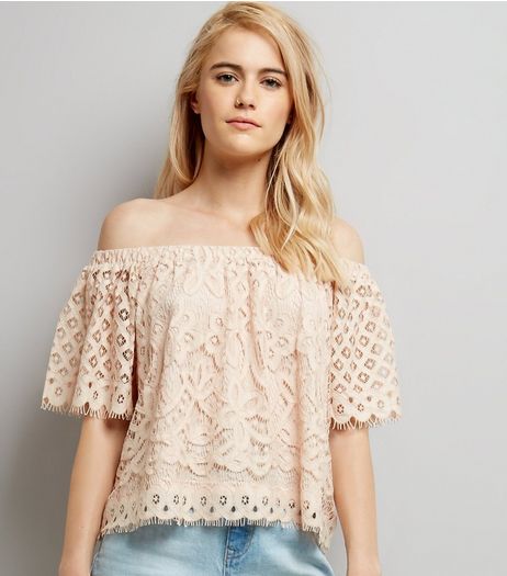 Shell Pink Lace Bardot Neck Top | New Look