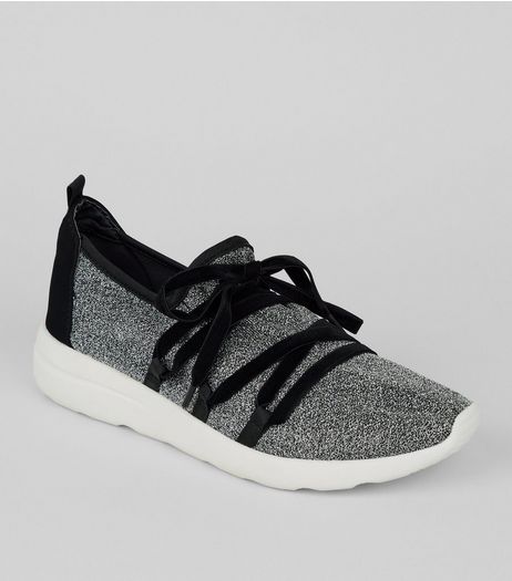 Silver Velvet Glitter Trainers | New Look