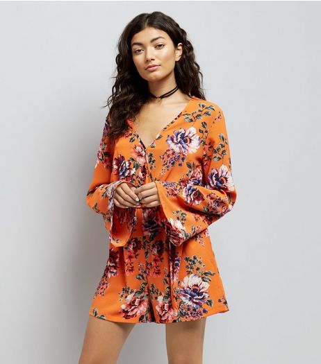 Tall Orange Floral Print Flared Sleeve Playsuit | New Look