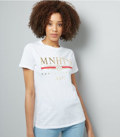 White Manhattan Metallic Print T-Shirt | New Look