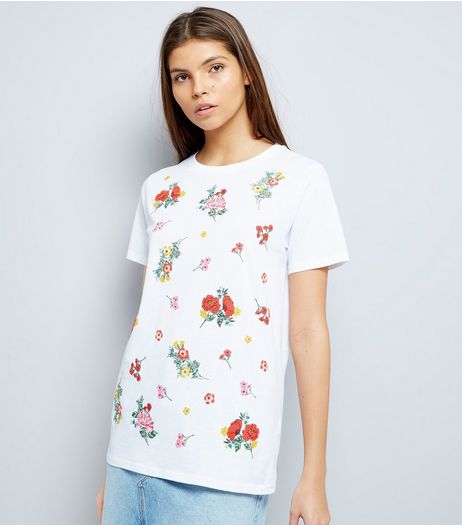 White Floral Puff Print T-Shirt | New Look
