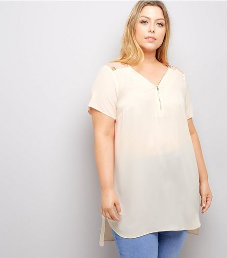 Curves Pink Embroidered Yoke Longline Top | New Look