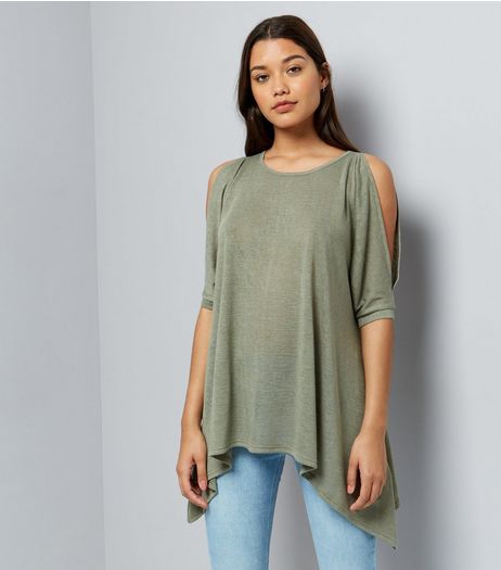 Khaki Hanky Hem Cold Shoulder Top | New Look