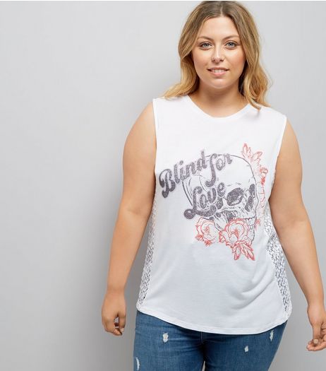 Curves White Skull Print Crochet Side Tank Top | New Look