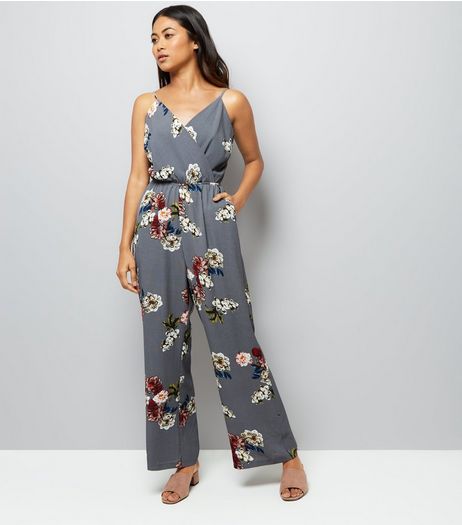 Petite Grey Floral Print Wrap Front Jumpsuit | New Look