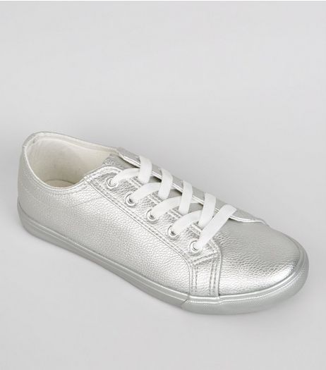 Wide Fit Silver Metallic Trainers | New Look