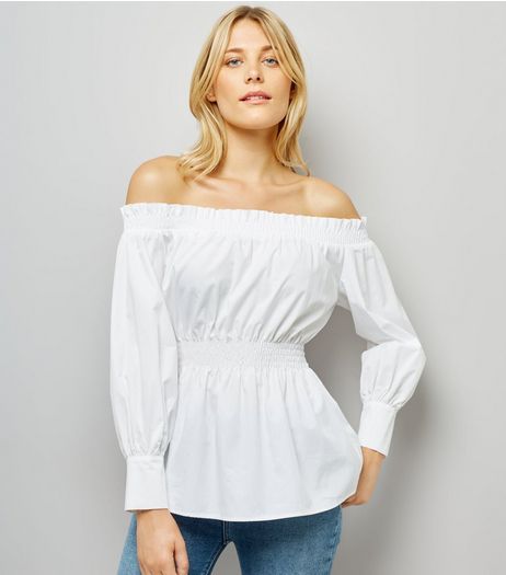 White Shirred Bardot Neck Top | New Look