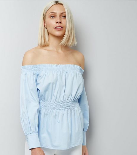 Blue Shirred Bardot Neck Top | New Look