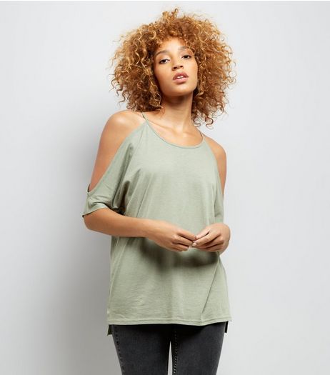 Khaki Cold Shoulder T-Shirt | New Look