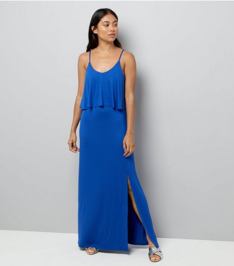 Petite Blue Layered Split Side Maxi Dress | New Look
