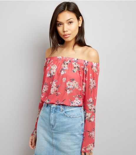 Orange Floral Print Mesh Fluted Sleeve Bardot Top | New Look