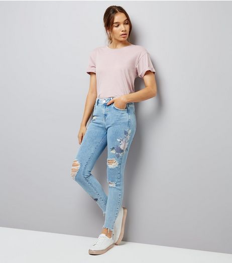 Blue Floral Print Frayed Hem Skinny Jeans | New Look