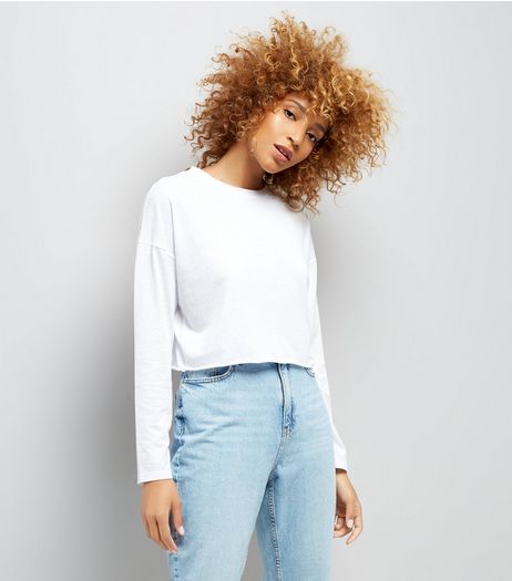 White Raw Hem Long Sleeve Crop Top | New Look