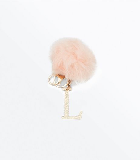 Shell Pink 'L' Initial Pom Pom Keyring | New Look