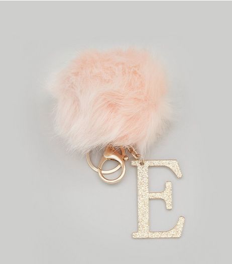 Shell Pink 'E' Initial Pom Pom Keyring | New Look