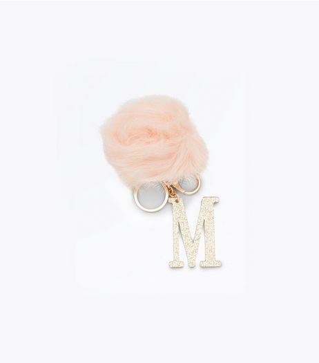 Shell Pink 'M' Initial Pom Pom Keyring | New Look