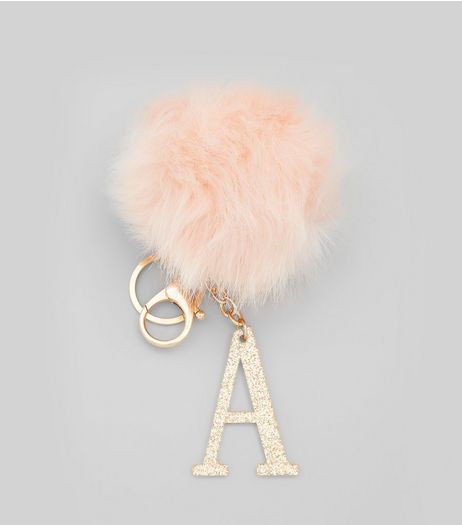 Shell Pink 'A' Initial Pom Pom Keyring | New Look