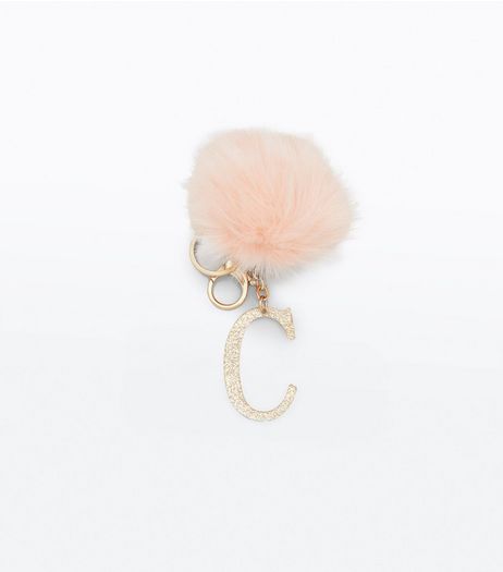 Shell Pink 'C' Initial Pom Pom Keyring | New Look