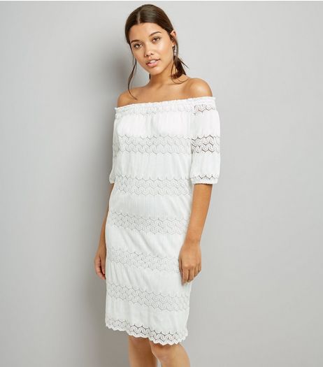 Cameo Rose White Crochet Lace Bardot Neck Dress | New Look