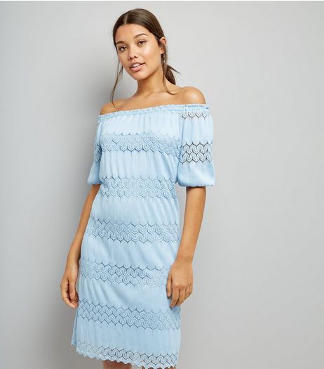 Cameo Rose Blue Cut Out Trim Bardot Neck Dress | New Look