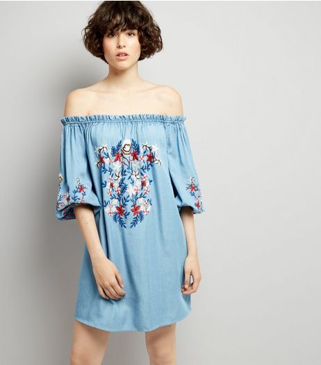 Blue Floral Embroidered Bardot Neck Dress | New Look