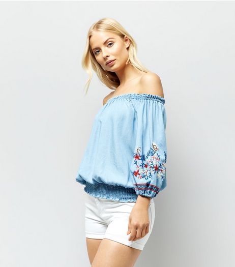 Blue Floral Embroidered Bardot Neck Top | New Look