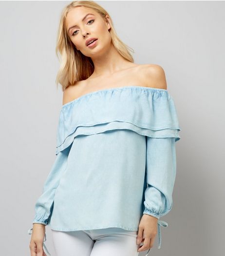 Blue Double Frill Bardot Neck Top | New Look