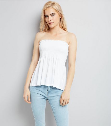 White Shirred Bandeau Neck Swing Top | New Look
