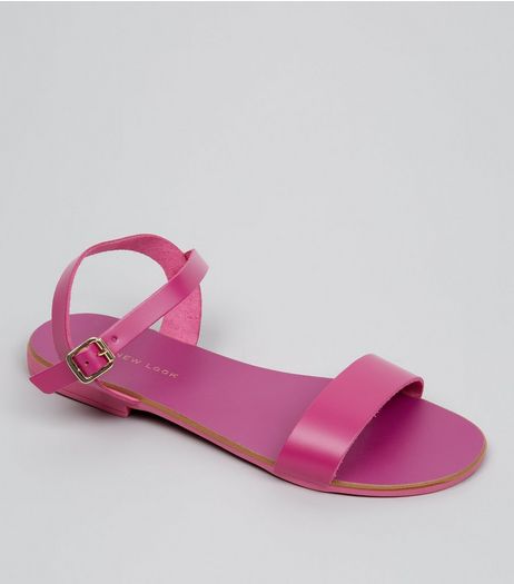 Wide Fit Pink Leather Ankle Strap Sandals | New Look
