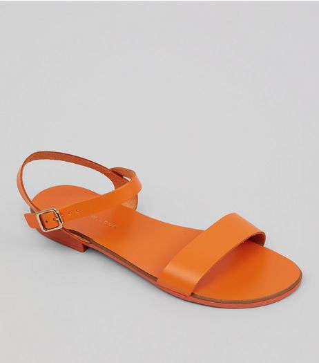 Wide Fit Orange Leather Ankle Strap Sandals | New Look