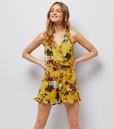 Urban Bliss Yellow Floral Print Frill Trim Playsuit | New Look