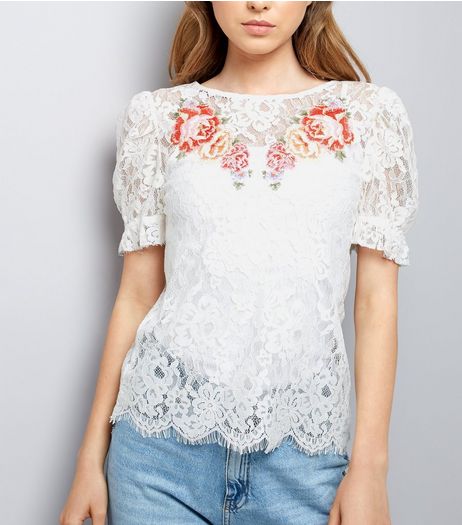 Cream Floral Embroidered Lace Puff Sleeve Top | New Look