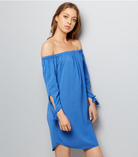 Blue Tie Sleeve Bardot Neck Dress | New Look