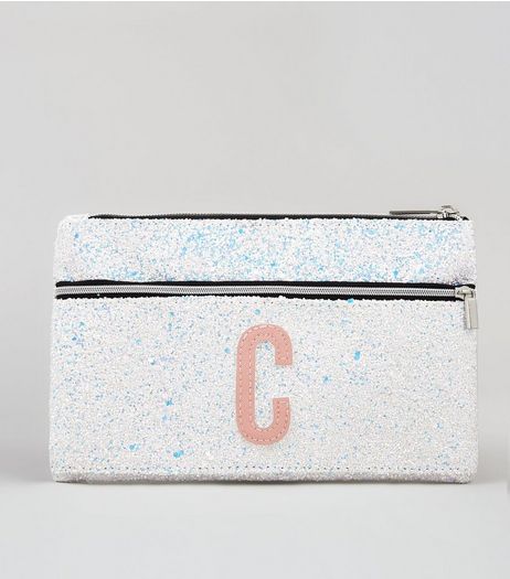 Silver Glitter Initial C Pencil Case | New Look