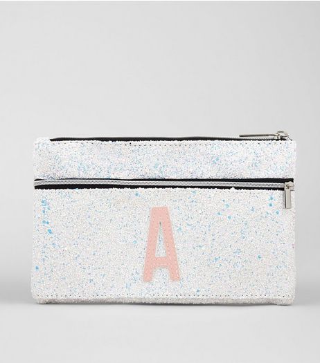Silver Glitter Initial A Pencil Case | New Look