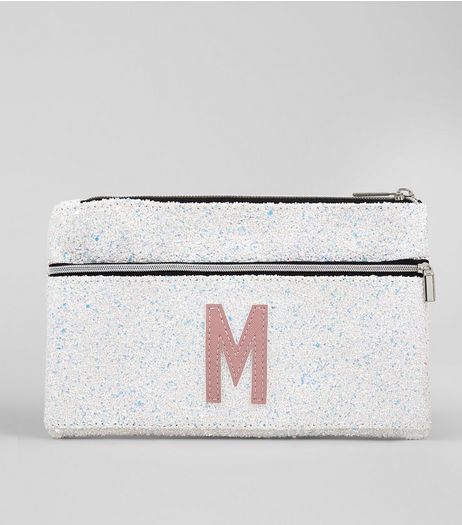 Silver Glitter Initial M Pencil Case | New Look