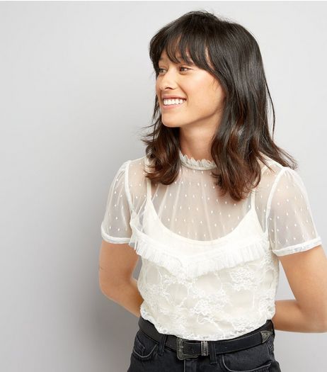 Cream Mesh and Lace High Neck Top | New Look