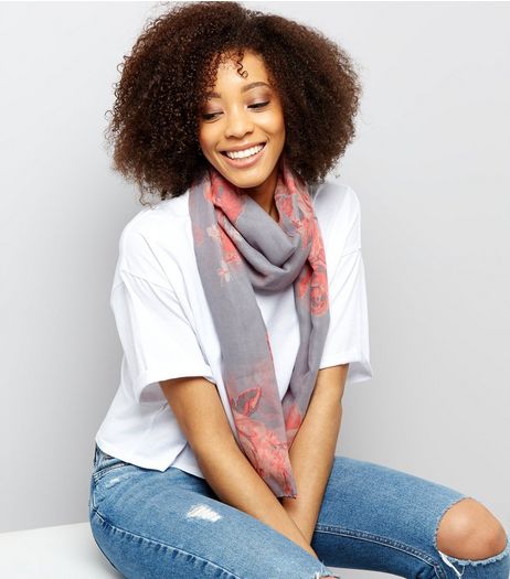 Grey Rose Print Longline Scarf | New Look