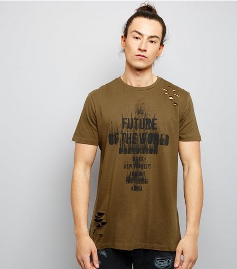 Khaki Ripped Future Of The World Print T-Shirt | New Look