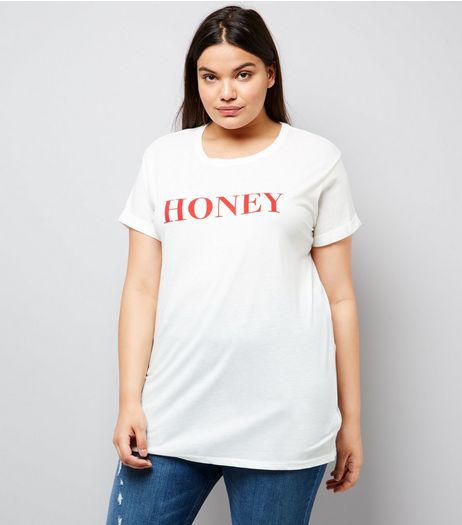 Curves White Honey Print T-Shirt | New Look