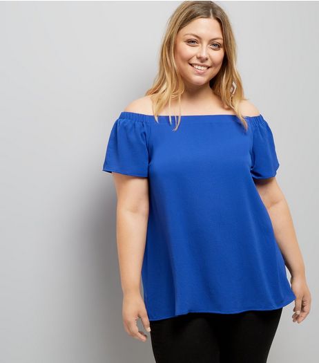 Curves Blue Crepe Bardot Neck Top | New Look
