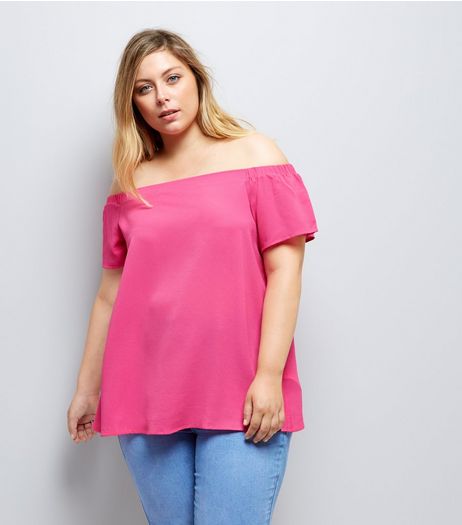 Curves Pink Crepe Bardot Neck Top | New Look