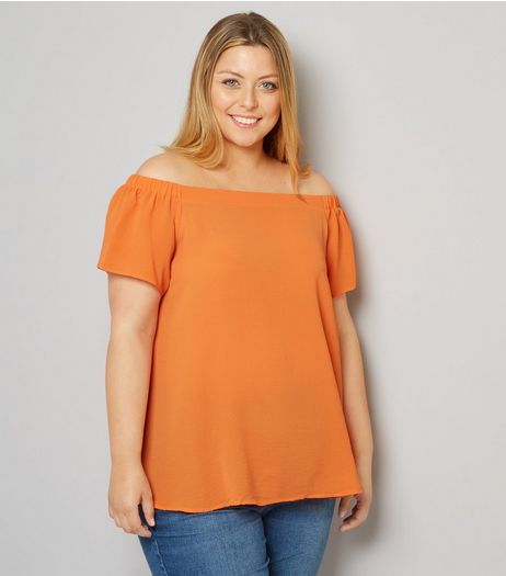 Curves Orange Crepe Bardot Neck Top | New Look