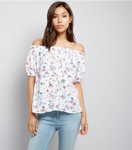 Cameo Rose White Floral Print Bardot Neck Top | New Look