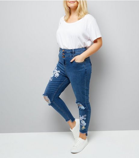 Curves Blue Floral Print High Waist Step Hem Skinny Jeans | New Look