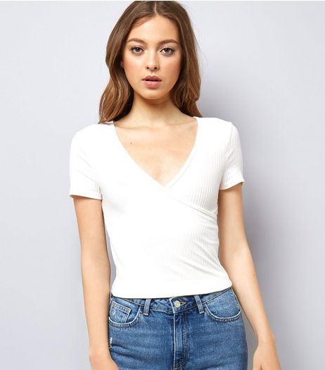 White Ribbed V Neck Wrap Front T-Shirt | New Look