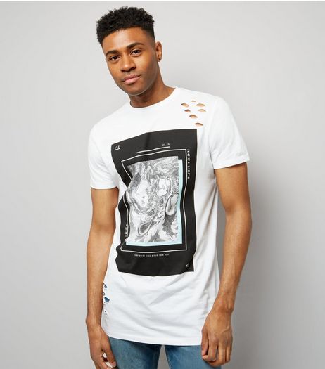 White Ripped Marble Print Longline T-Shirt | New Look