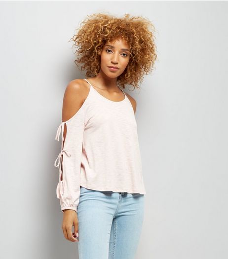 Pink Cold Sholder Tie Sleeve Top | New Look